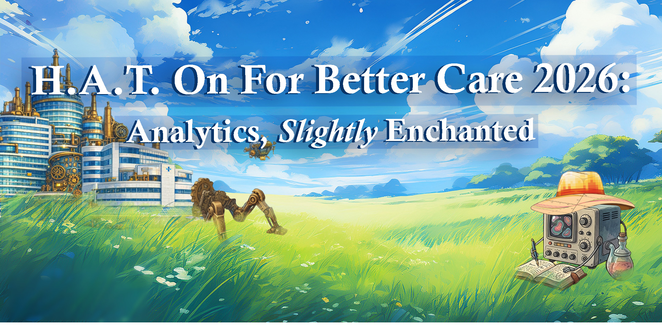 Anime-style banner with steampunk robots in a green field, hospital building, and text reading H.A.T. On For Better Care 2026.